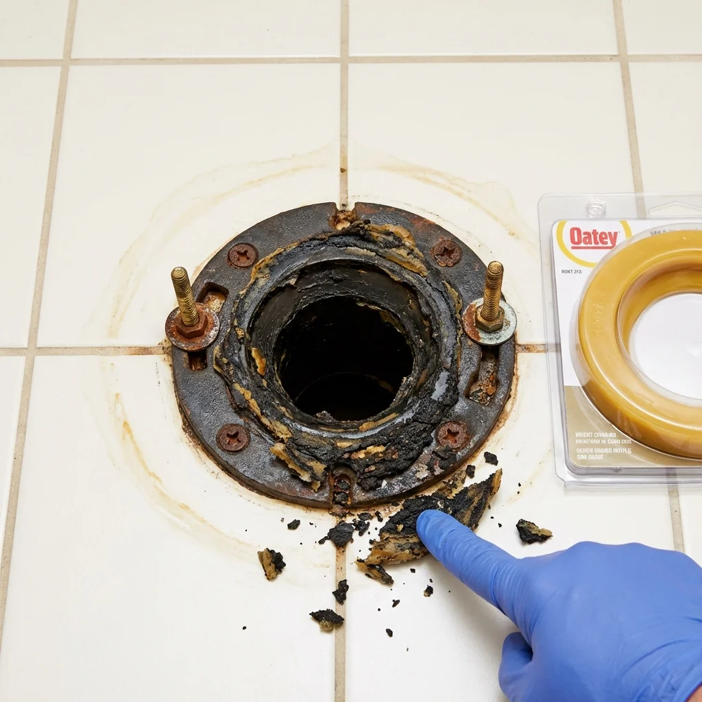 Failed wax ring showing water seepage at the base of a toilet in a Bridgewater, MA home