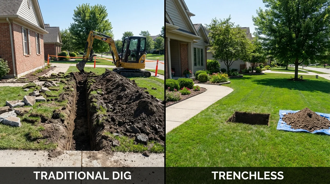 Trenchless sewer repair with minimal yard damage versus traditional excavation in Bridgewater, MA