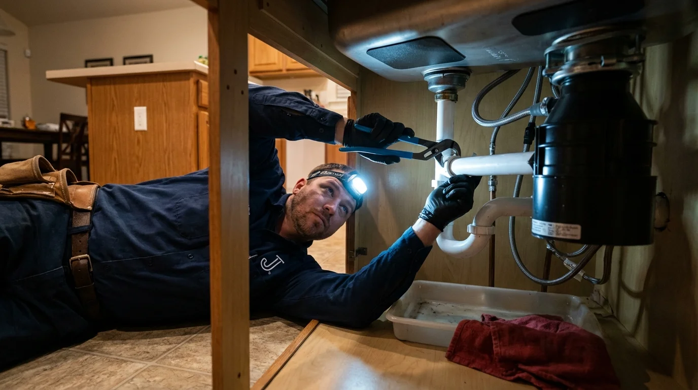 P-trap and supply line connections under a kitchen sink showing a common leak point in Bridgewater, MA